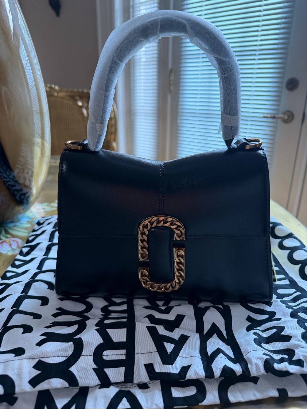Marc Jacobs Black Leather Satchel with Gold Chain-Link Logo